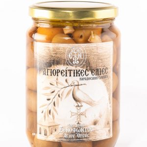 Ἀγιορείτικες Ἐλιές Πράσινες σέ βάζο καθ. βάρος 500gr